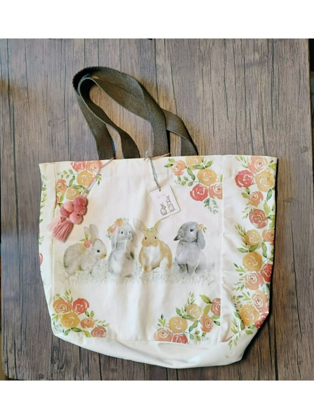 Hip Hop Bunny Print Large Tote Bag With Pom-Pom Tassels & Flowers 22" Cotton NEW